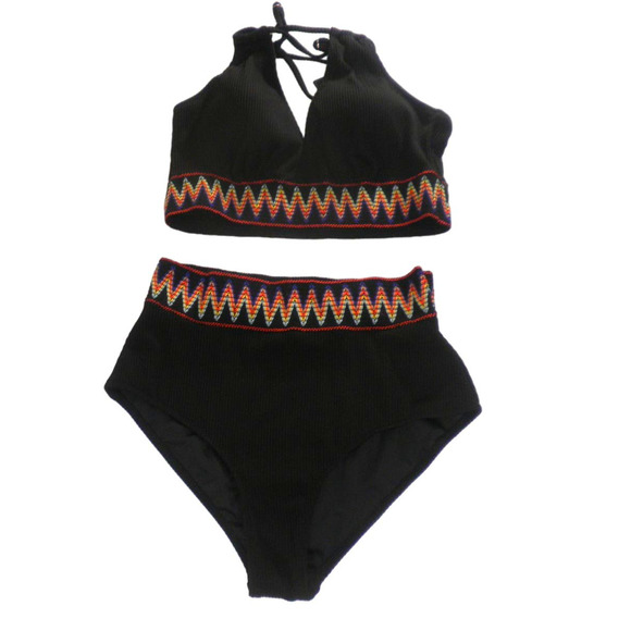 High Waisted Bathing Suits Ribbed Two Piece Bikini Set V-Neck Push Up, SM, Black - Picture 5 of 10